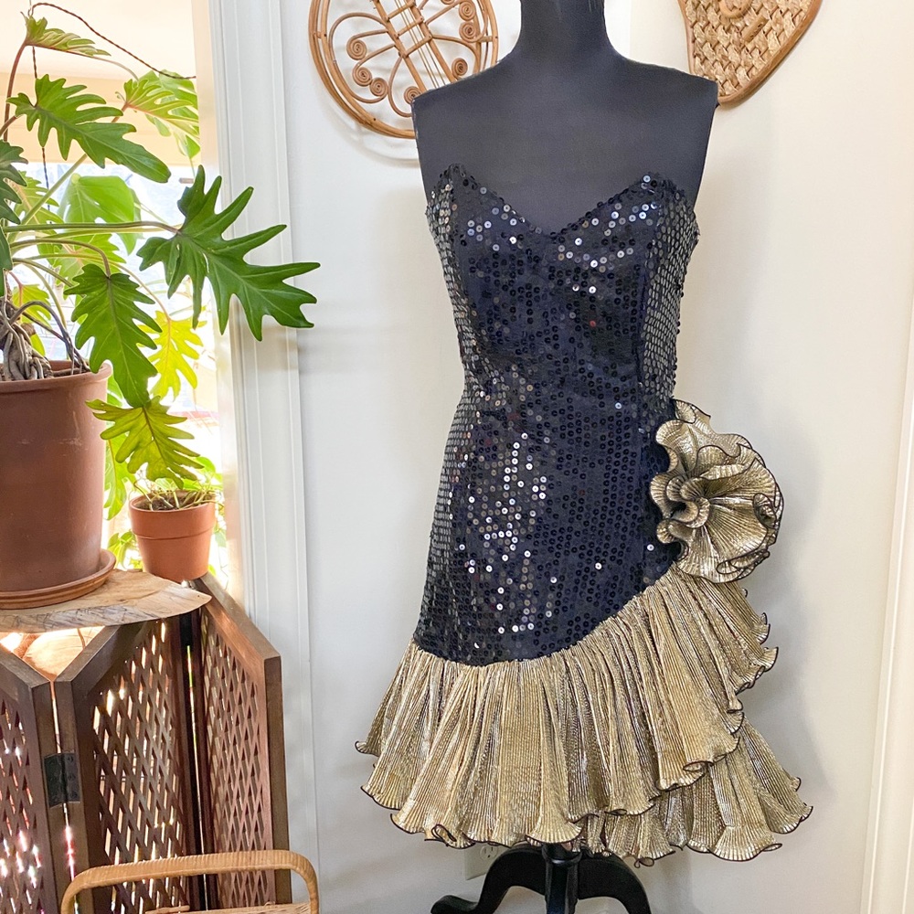 Dave & Johnny Black and Gold Strapless Dress